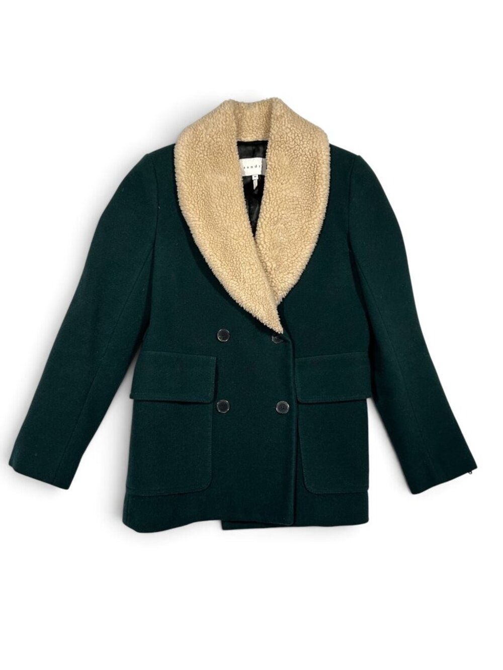 Sandro Studios Green Wool Double Breasted Peacoat Fur Collar 4 S